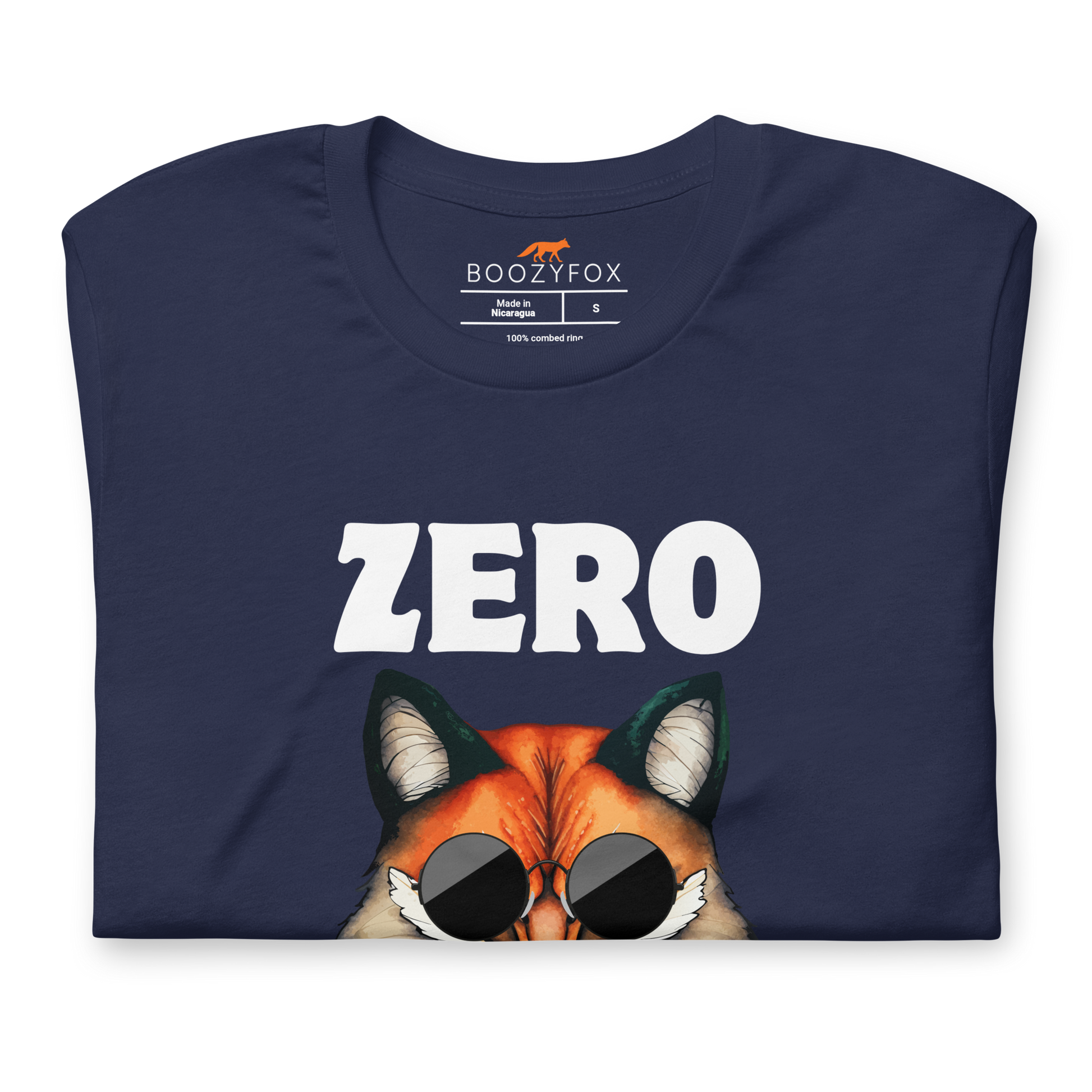 Front details of a Navy Premium Fox Tee featuring a Zero Fox Given graphic on the chest - Funny Graphic Fox Tees - Boozy Fox