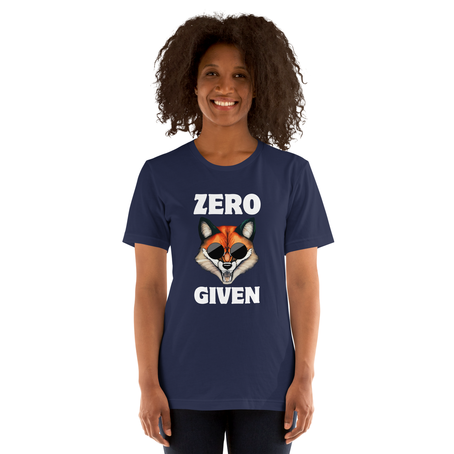 Woman wearing a Navy Premium Fox Tee featuring a Zero Fox Given graphic on the chest - Funny Graphic Fox Tees - Boozy Fox