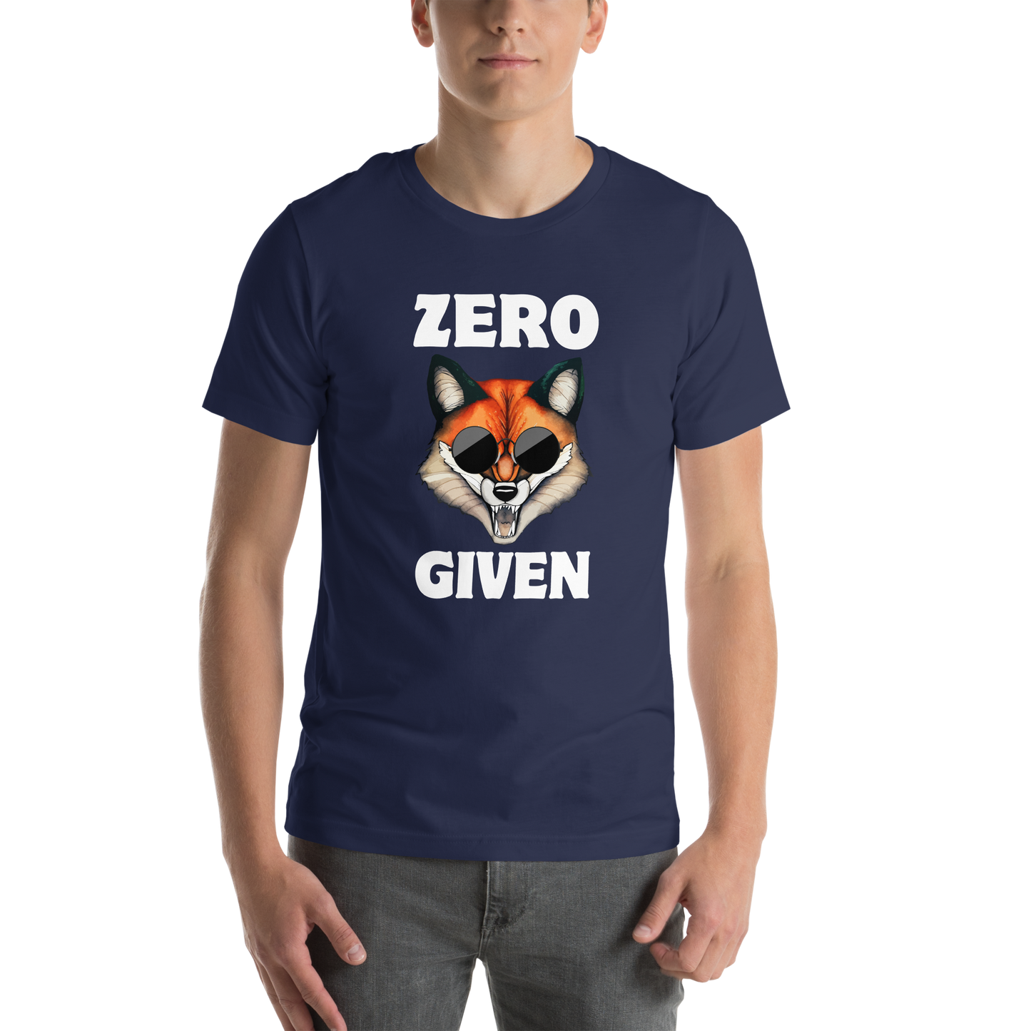 Man wearing a Navy Premium Fox Tee featuring a Zero Fox Given graphic on the chest - Funny Graphic Fox Tees - Boozy Fox