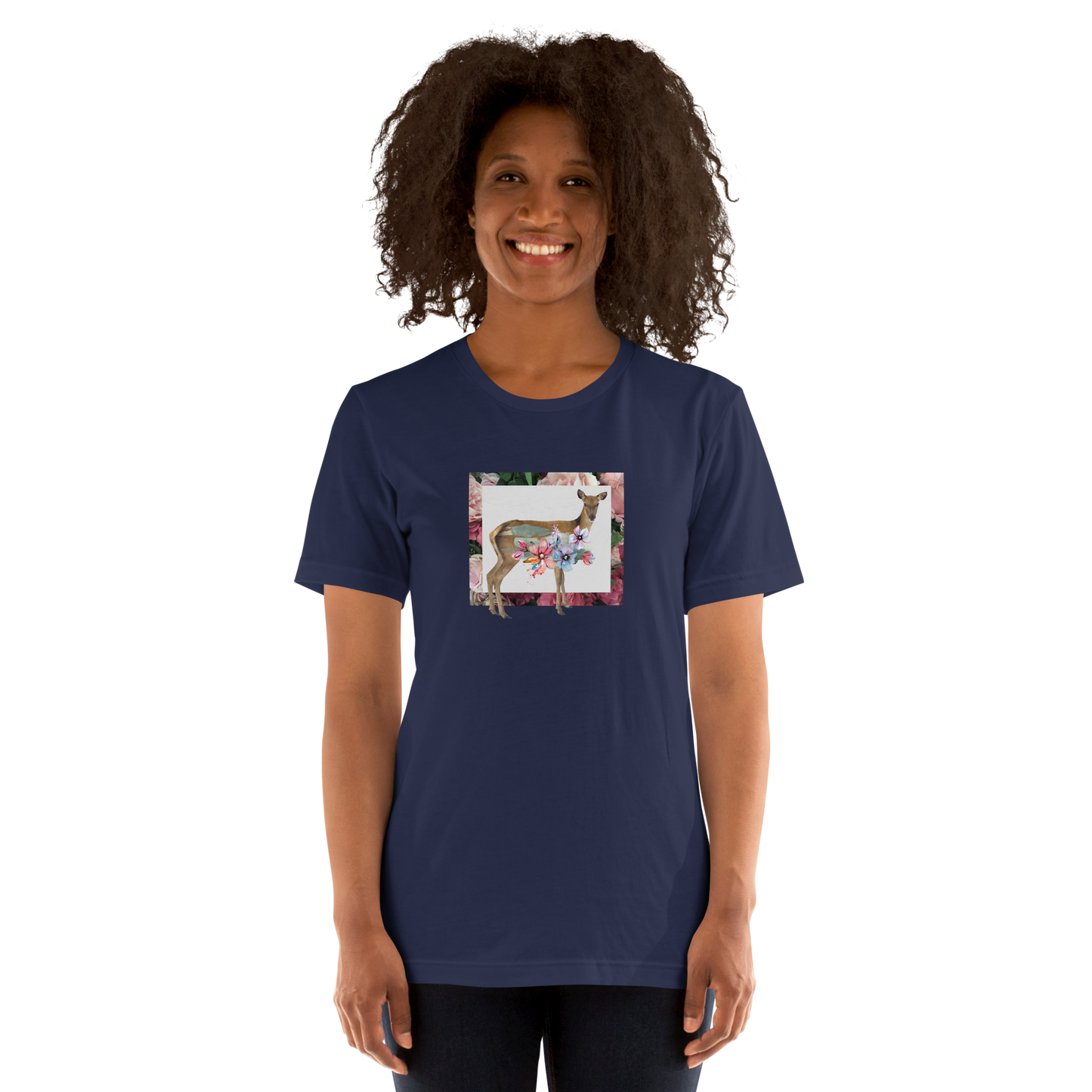 Smiling Woman Wearing a Navy  Floral Deer Tee - Boozy Fox