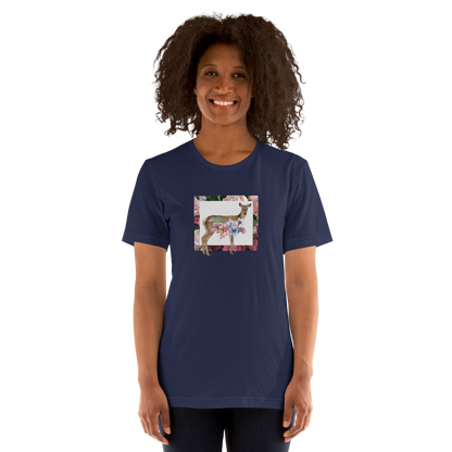 Smiling Woman Wearing a Navy  Floral Deer Tee - Boozy Fox