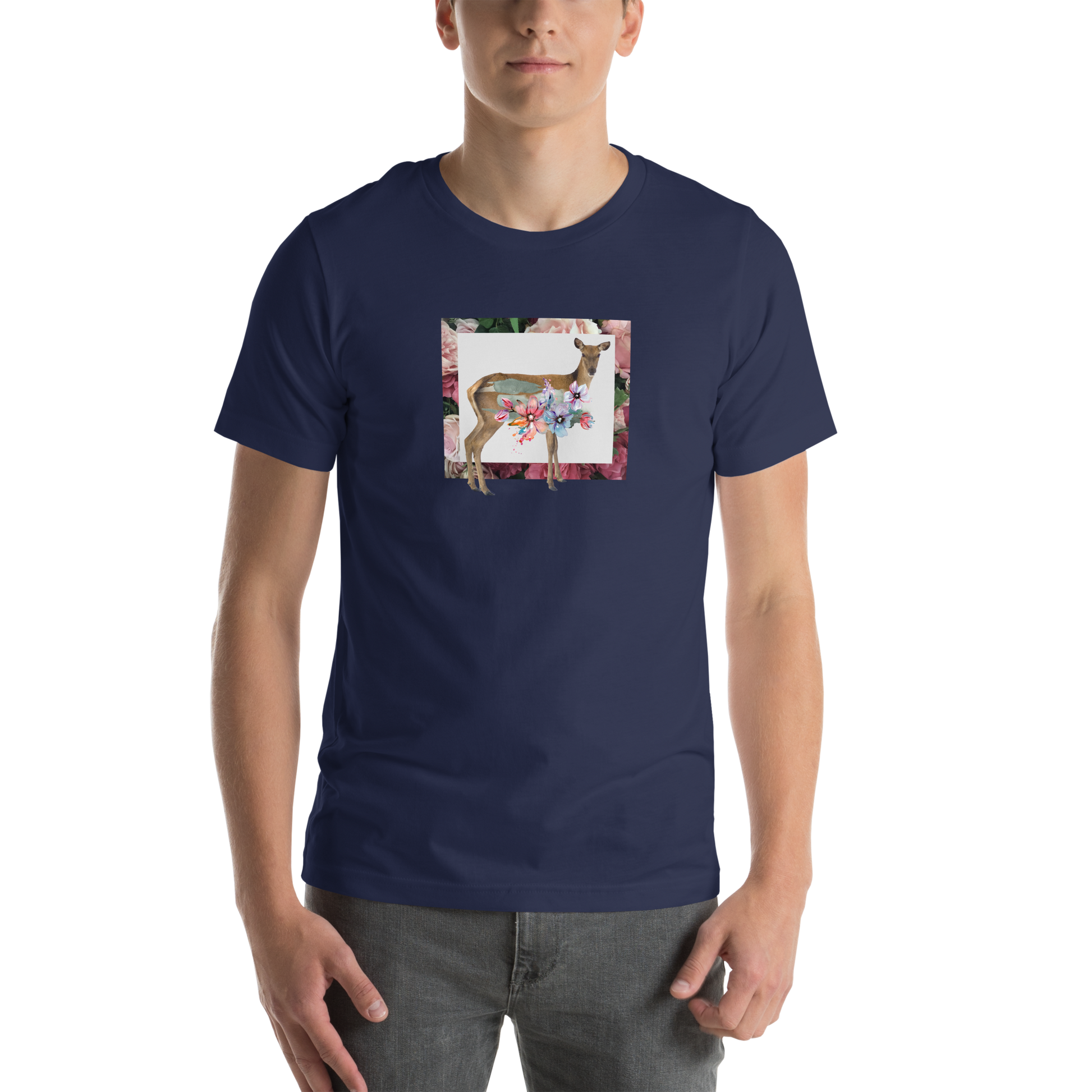 Man Wearing a Navy  Floral Deer Tee - Boozy Fox