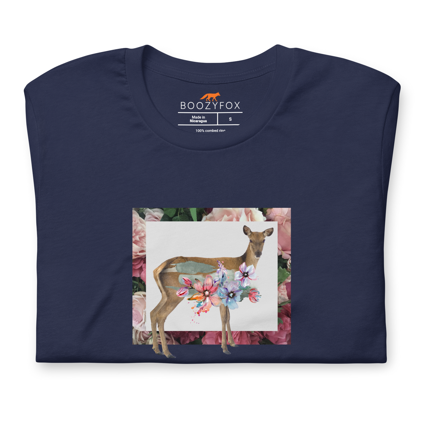 Front Details of a Navy  Floral Deer Tee - Boozy Fox
