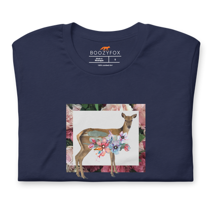 Front Details of a Navy  Floral Deer Tee - Boozy Fox