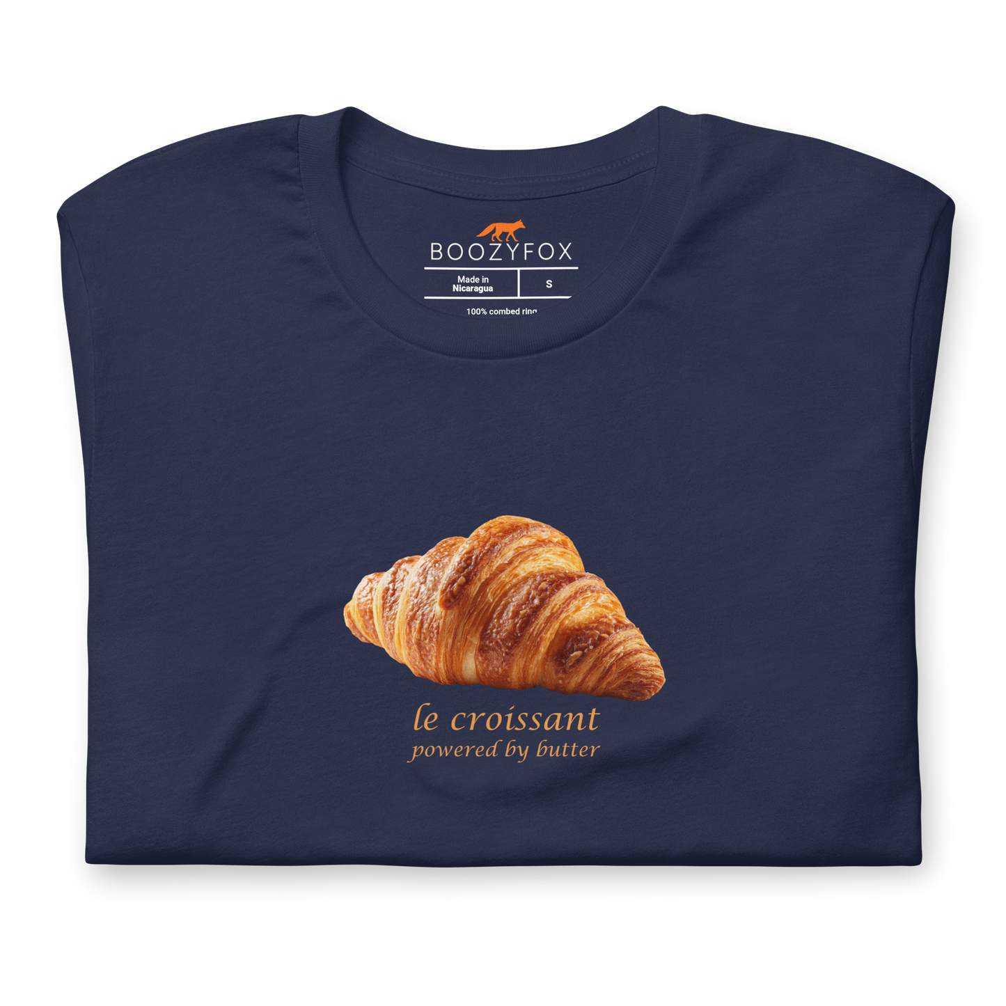 Front details of a Funny Le Croissant lightweight graphic tee in navy by Boozy Fox