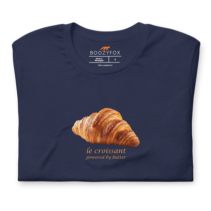 Front details of a Funny Le Croissant lightweight graphic tee in navy by Boozy Fox