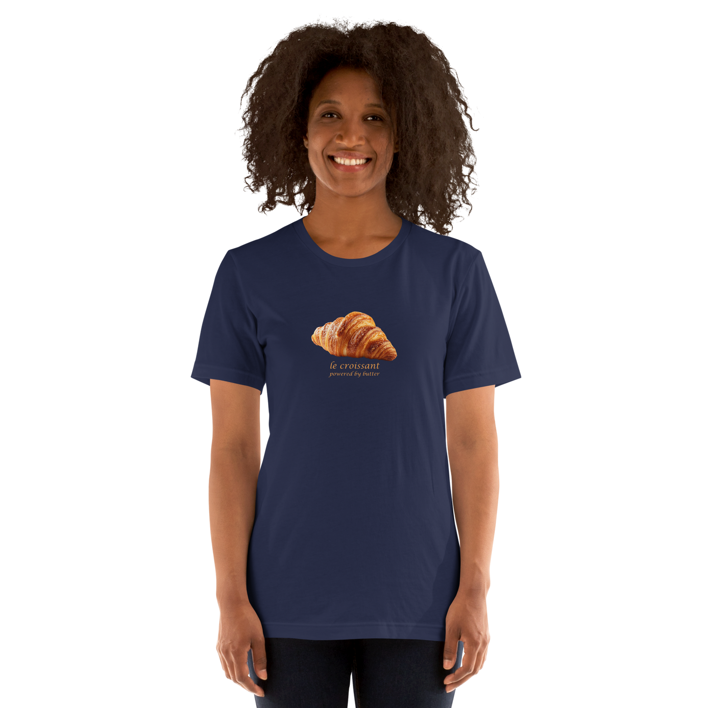Woman wearing a Funny Le Croissant lightweight graphic tee in navy by Boozy Fox