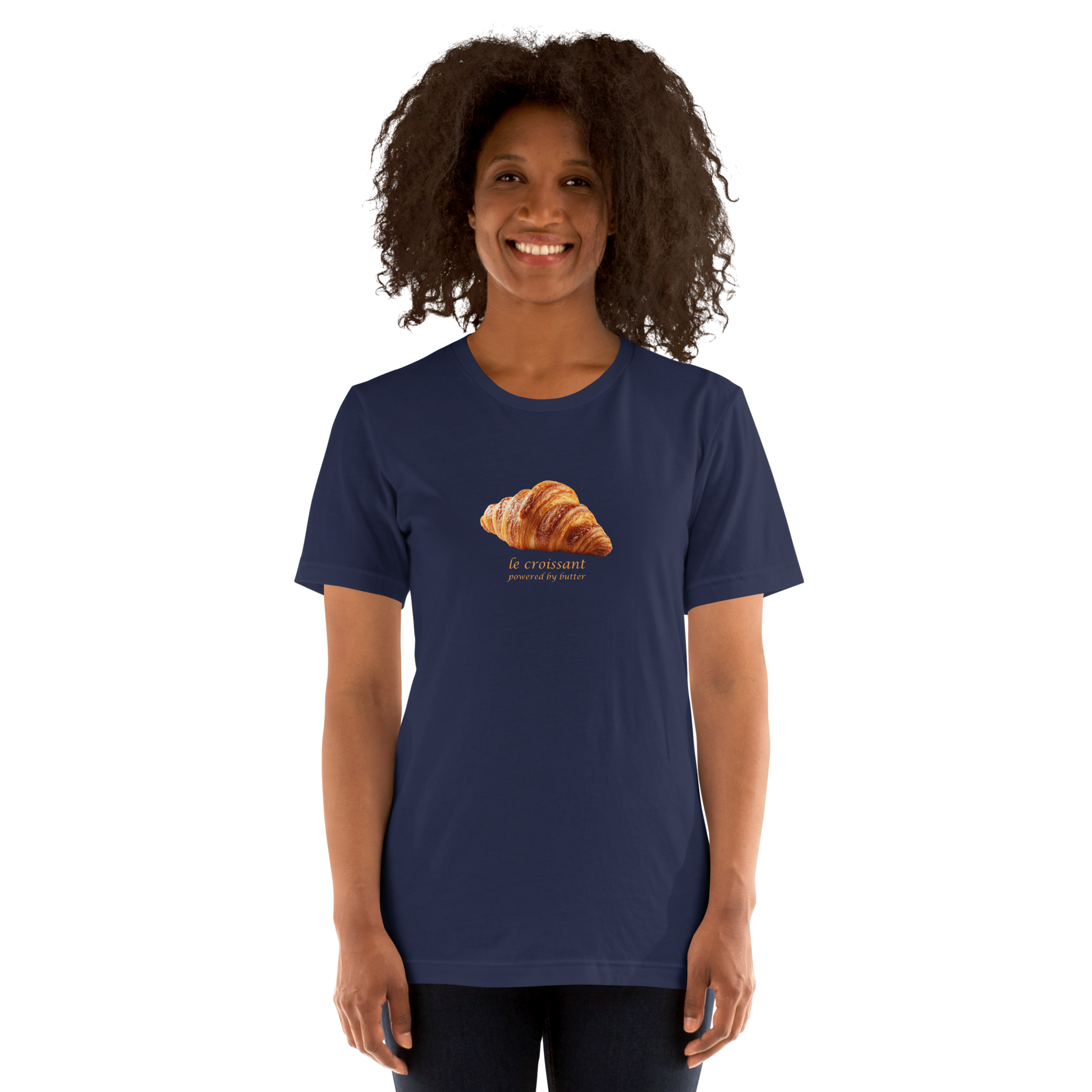 Woman wearing a Funny Le Croissant lightweight graphic tee in navy by Boozy Fox