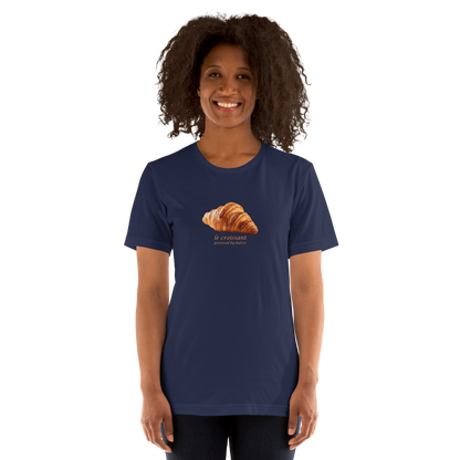 Woman wearing a Funny Le Croissant lightweight graphic tee in navy by Boozy Fox