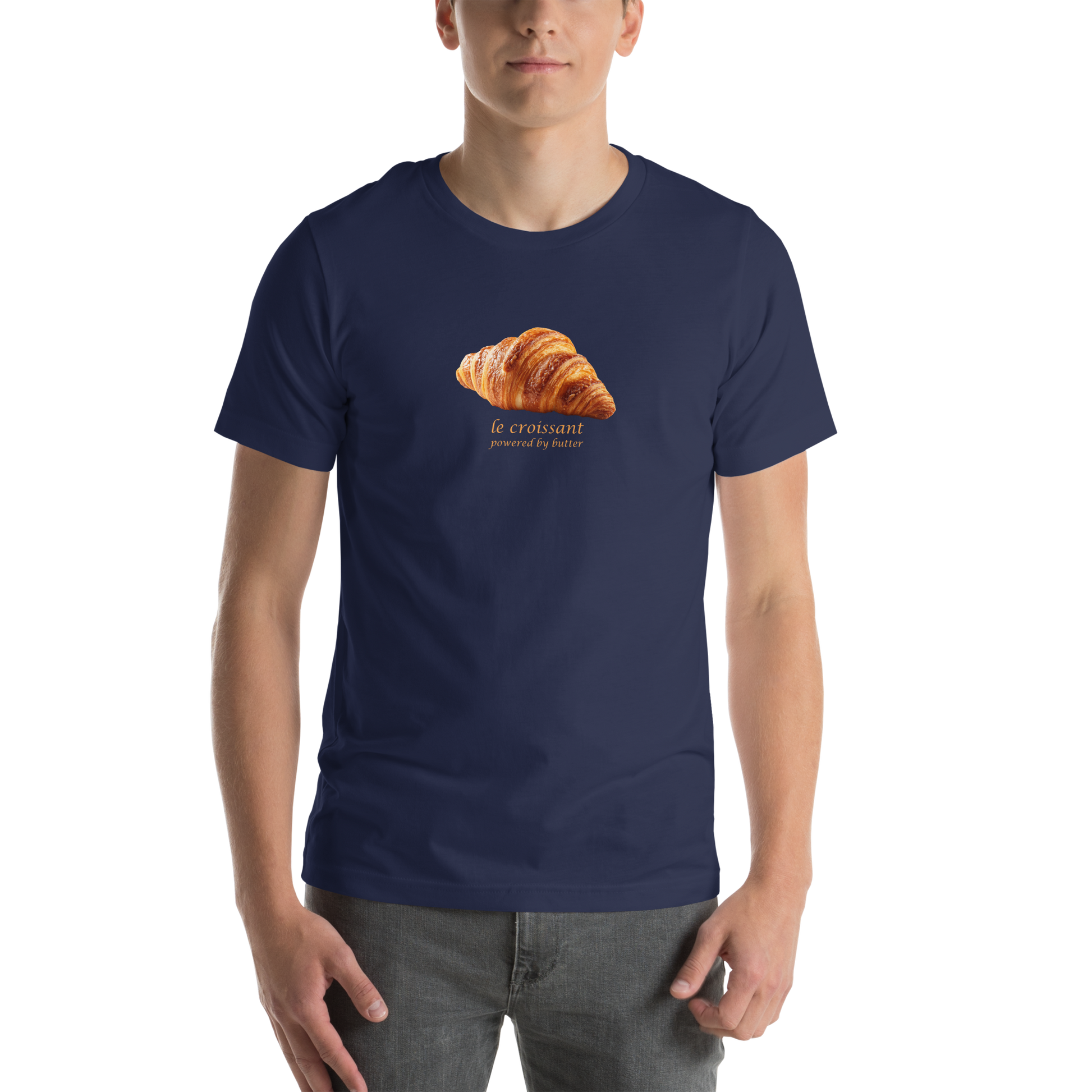 Man wearing a Funny Le Croissant lightweight graphic tee in navy by Boozy Fox
