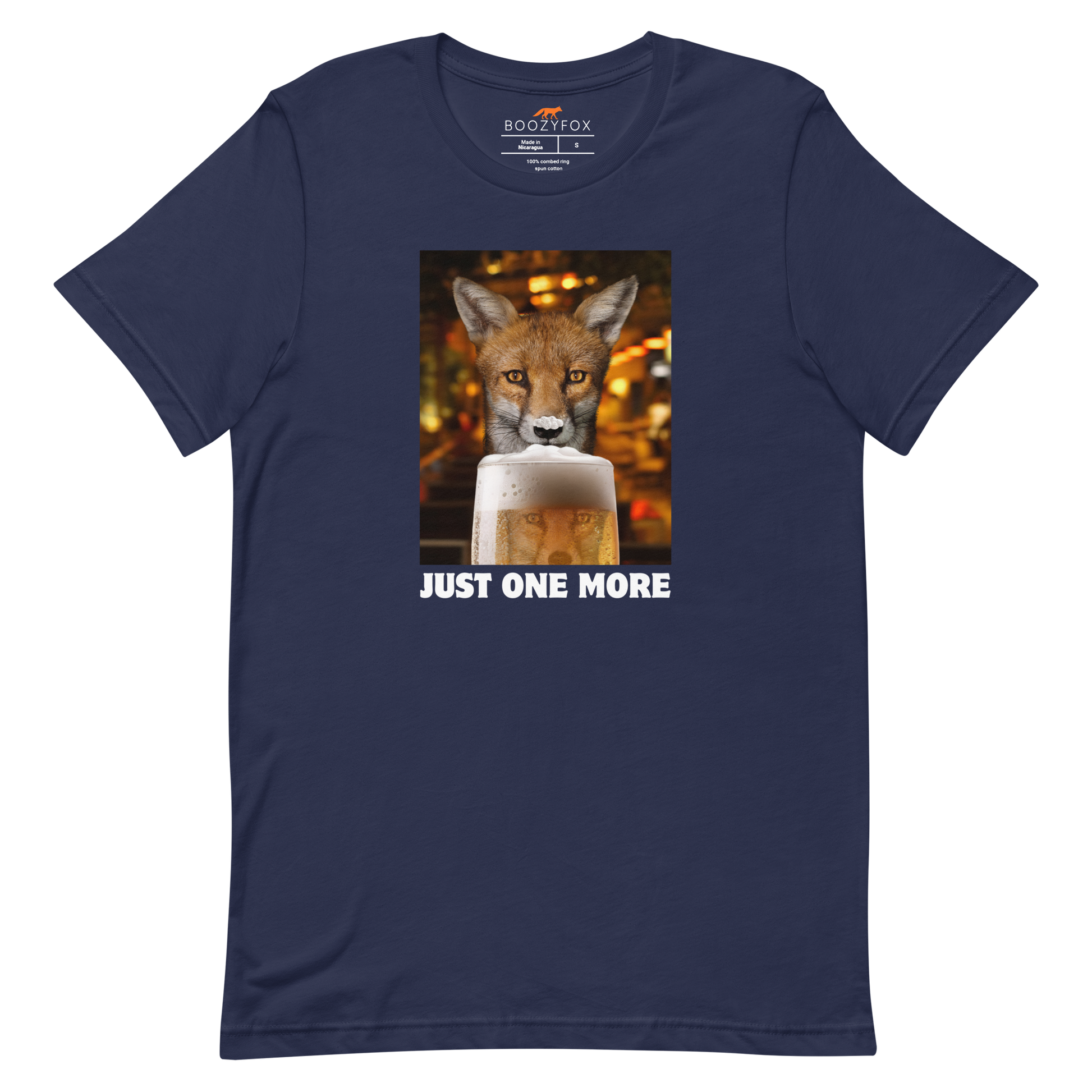 Funny Just One More Fox beer lightweight graphic t-shirt in navy by Boozy Fox