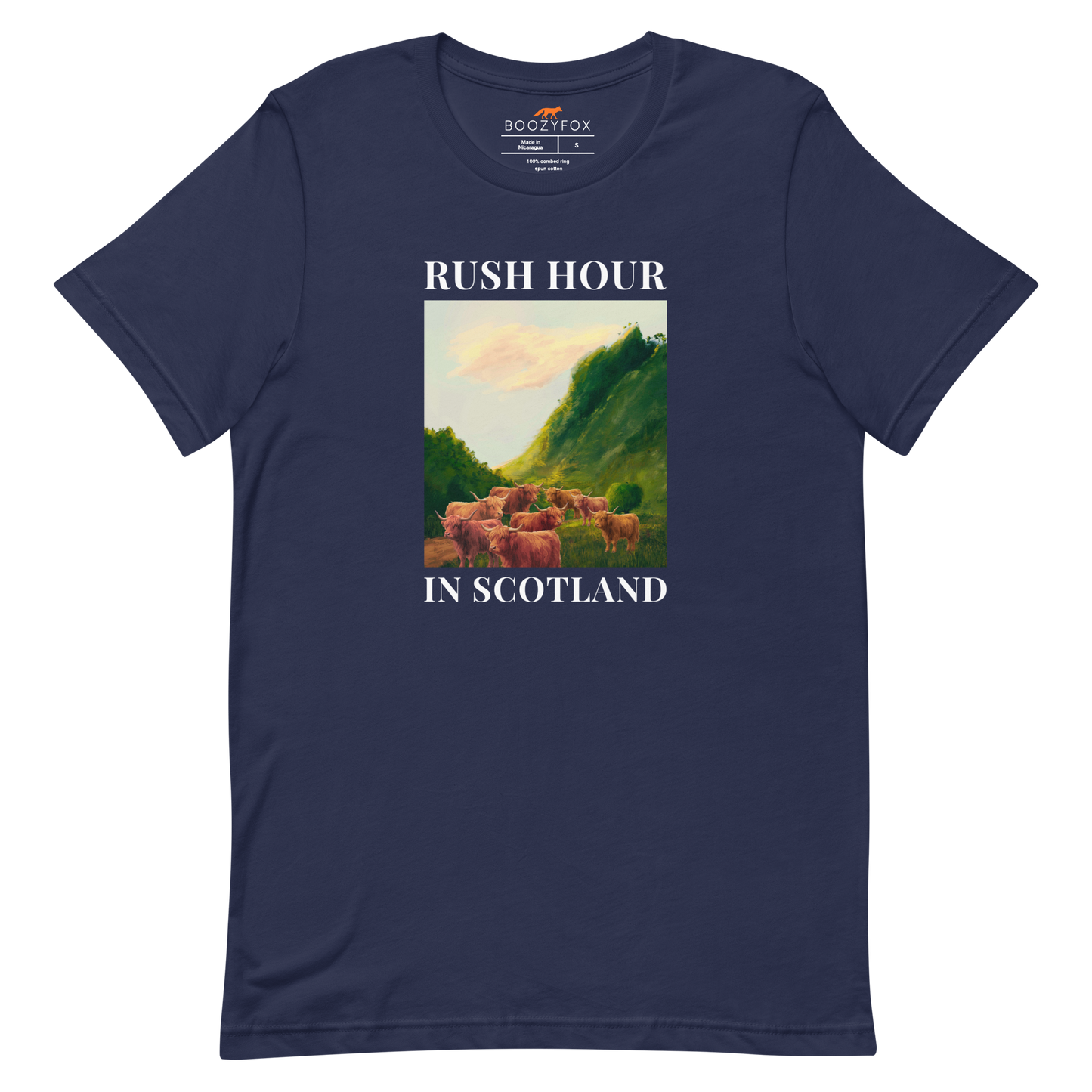 Funny Highland Cow Rush Hour in Scotland lightweight graphic tee in navy by Boozy Fox