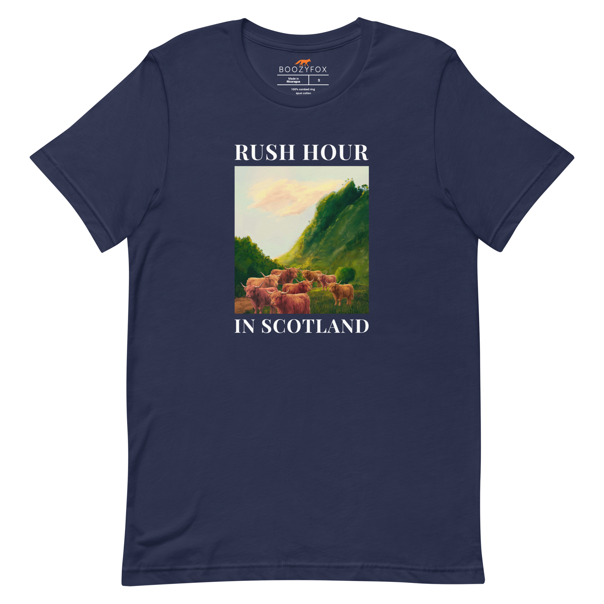 Funny Highland Cow Rush Hour in Scotland lightweight graphic tee in navy by Boozy Fox