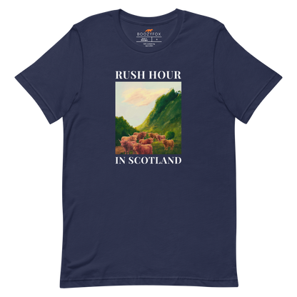 Funny Highland Cow Rush Hour in Scotland lightweight graphic tee in navy by Boozy Fox