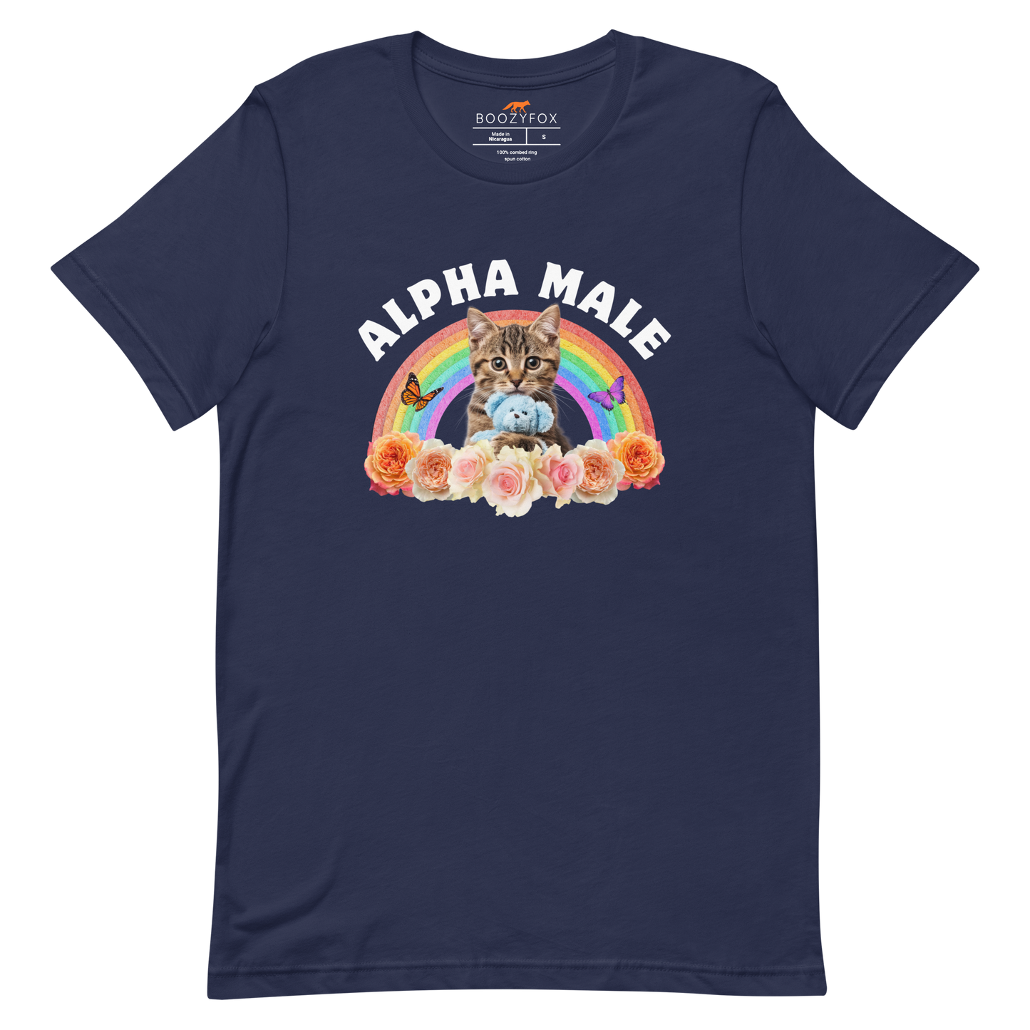 Funny Alpha Male Cat rainbow roses lightweight graphic t-shirt in navy by Boozy Fox