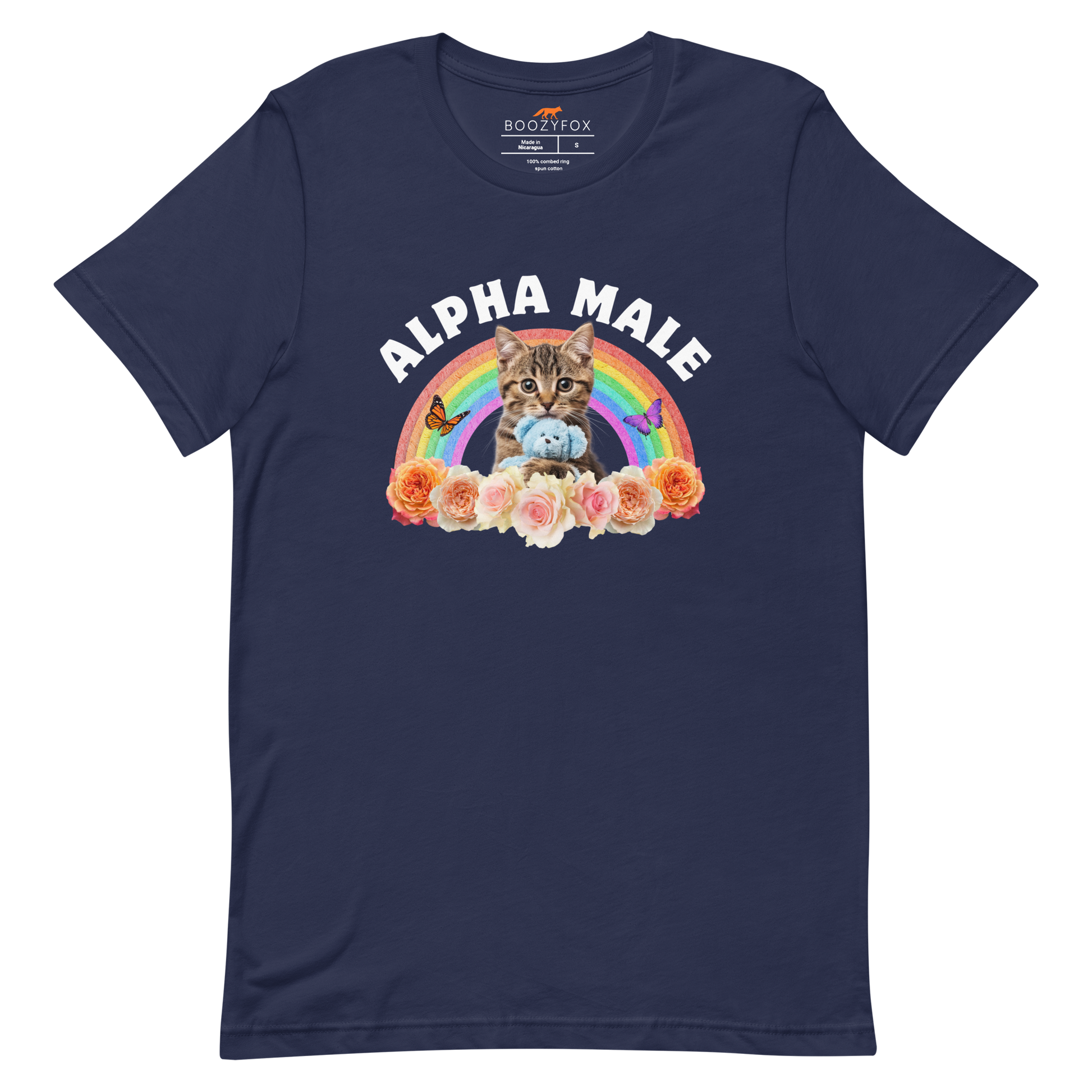 Funny Alpha Male Cat rainbow roses lightweight graphic t-shirt in navy by Boozy Fox