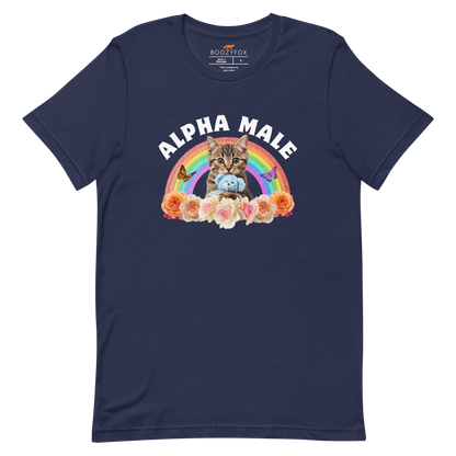 Funny Alpha Male Cat rainbow roses lightweight graphic t-shirt in navy by Boozy Fox