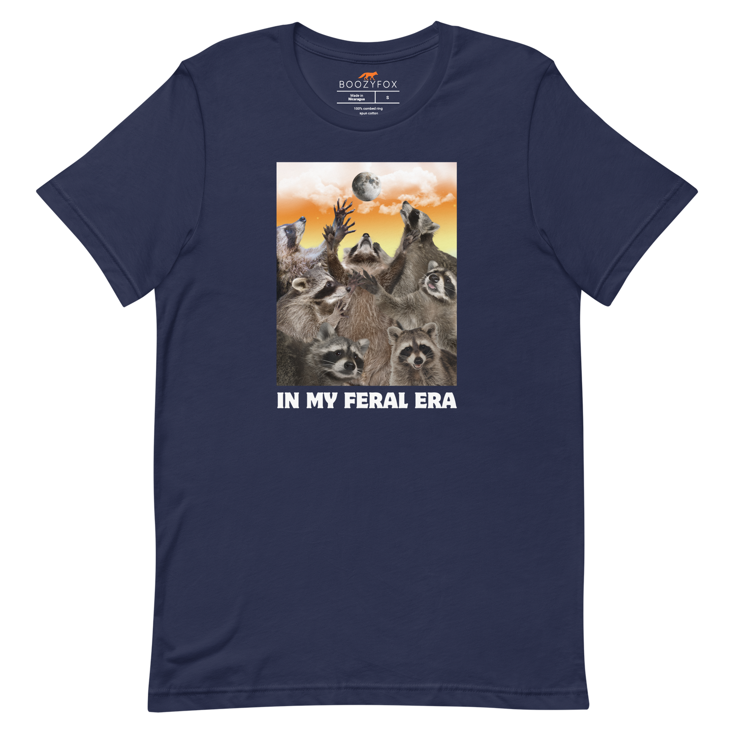 Funny In My Feral Era Raccoon lightweight graphic t-shirt in navy by Boozy Fox