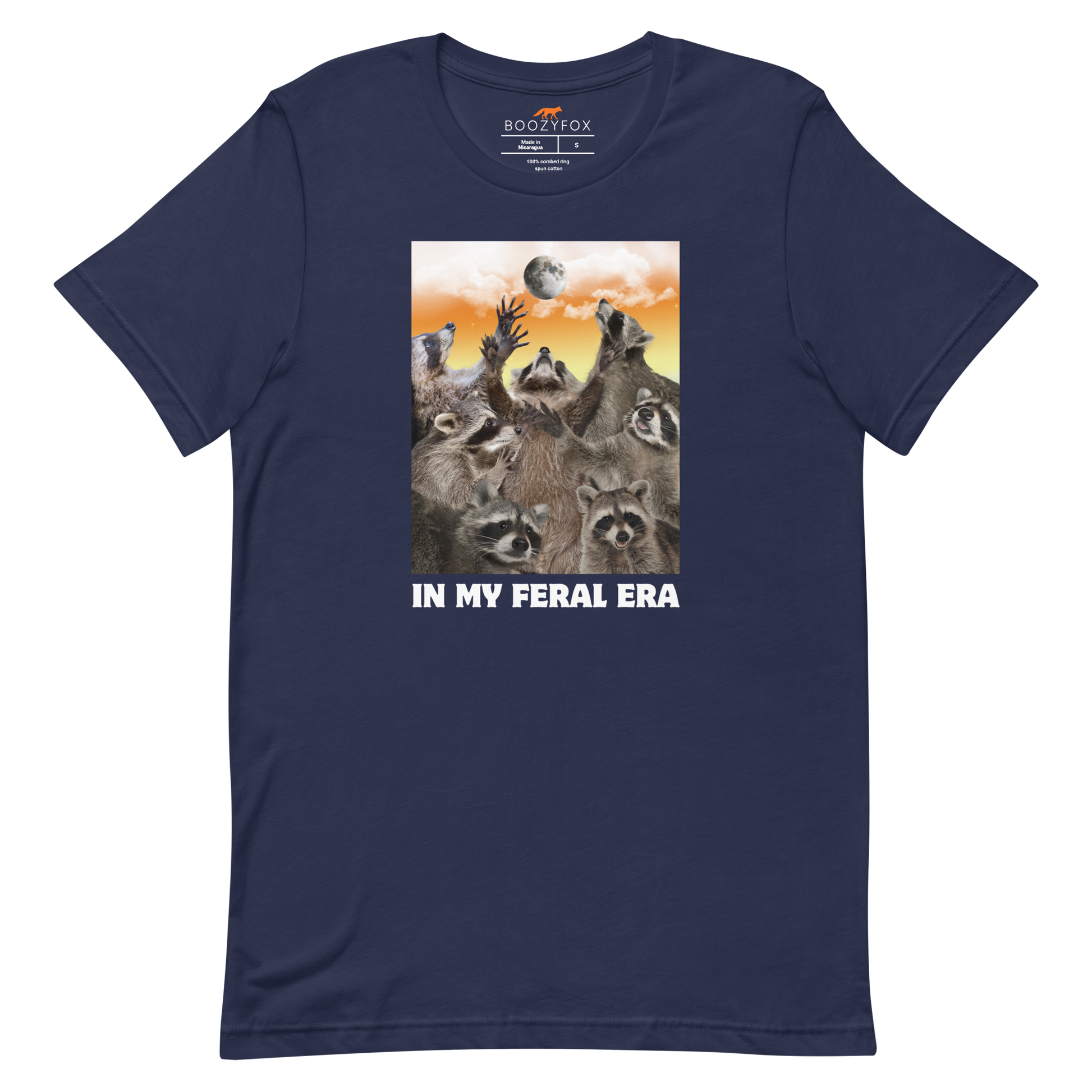 Funny In My Feral Era Raccoon lightweight graphic t-shirt in navy by Boozy Fox