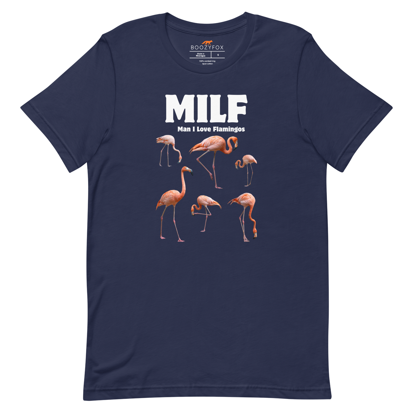 Funny Man I Love Flamingos lightweight graphic tee in navy by Boozy Fox