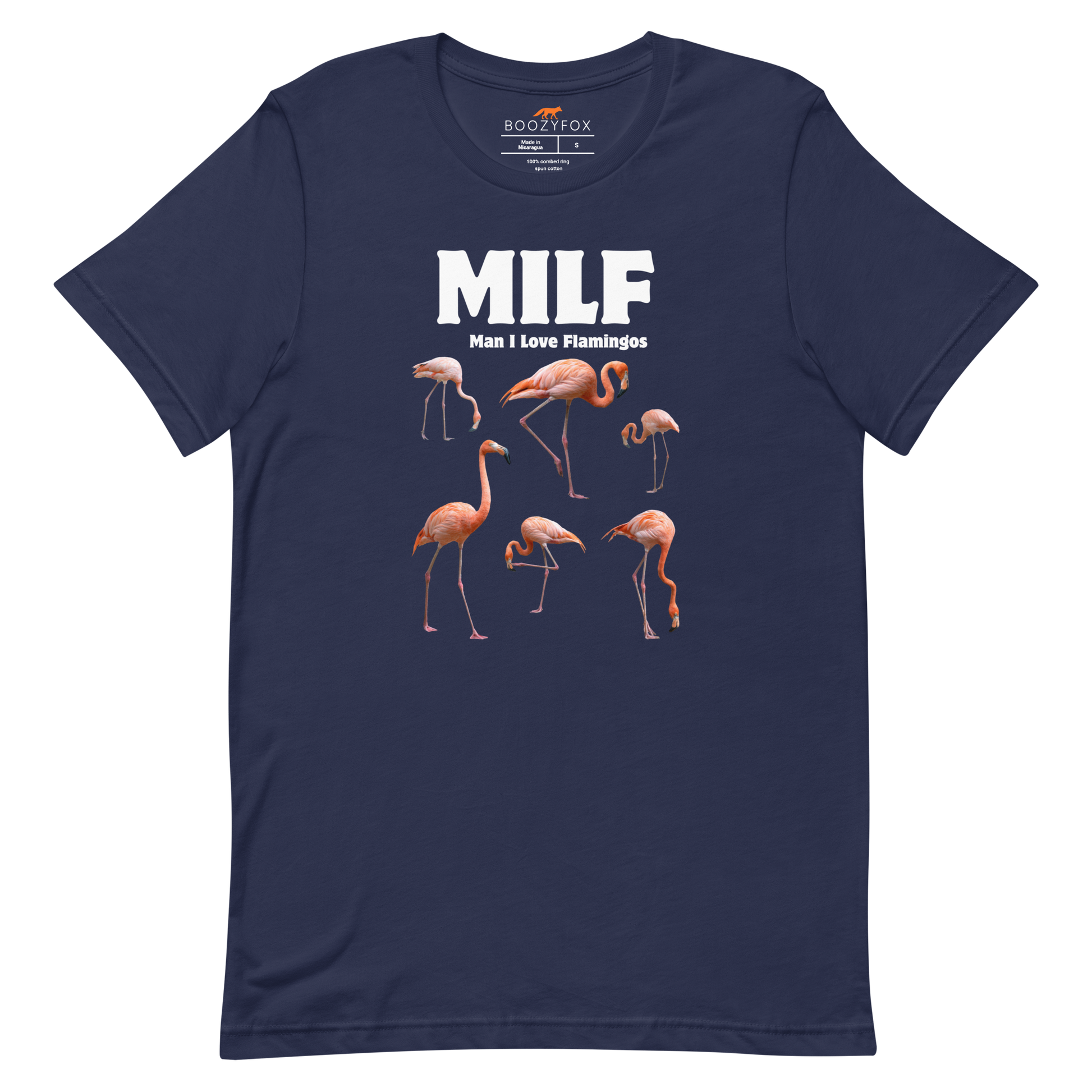 Funny Man I Love Flamingos lightweight graphic tee in navy by Boozy Fox