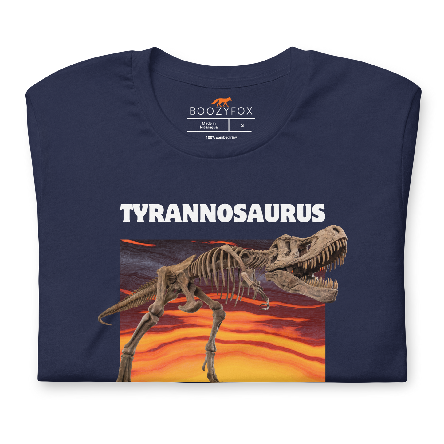 Front details of a Funny Tyrannosaurus Wreck T-Rex Dinosaur lightweight graphic t-shirt in navy by Boozy Fox