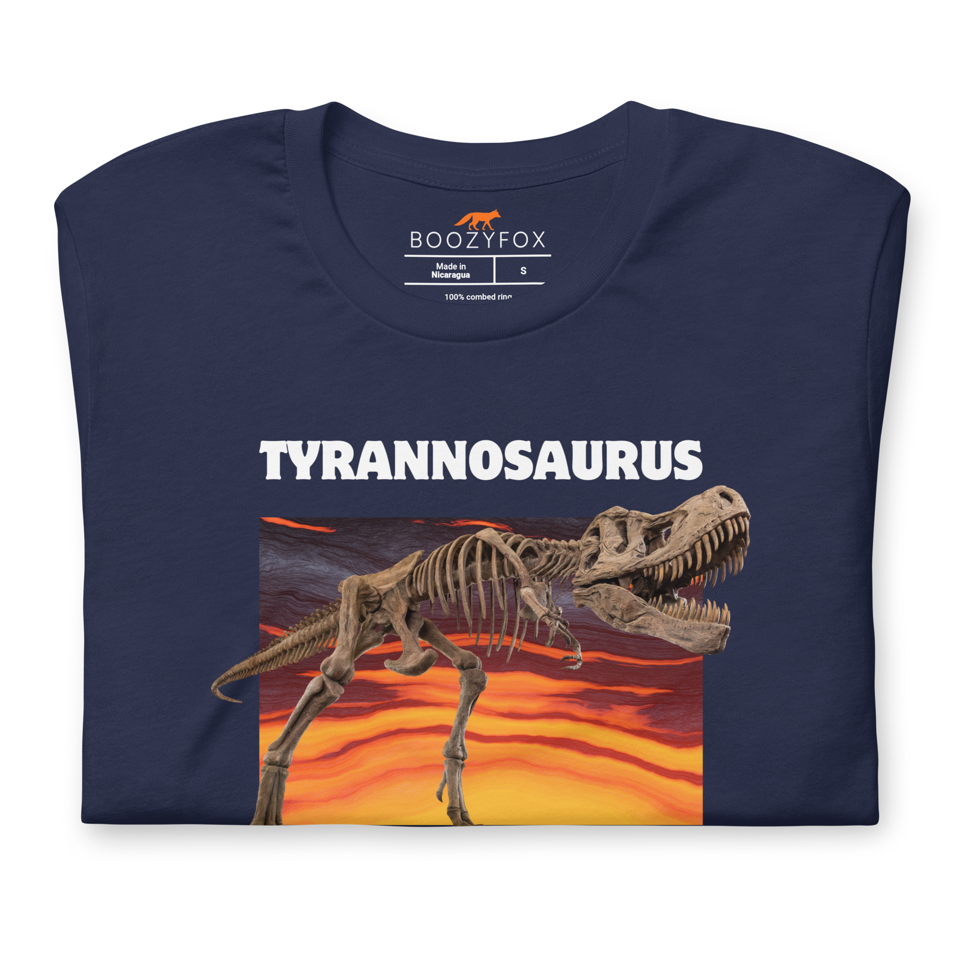 Front details of a Funny Tyrannosaurus Wreck T-Rex Dinosaur lightweight graphic t-shirt in navy by Boozy Fox