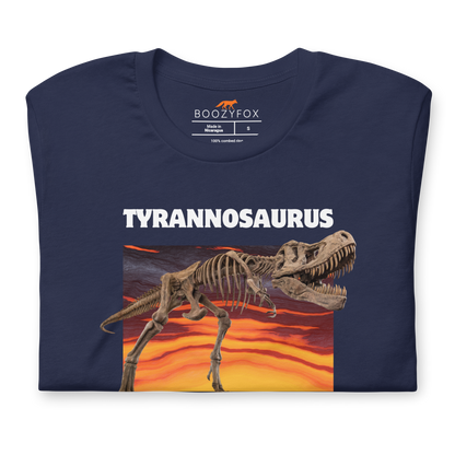 Front details of a Funny Tyrannosaurus Wreck T-Rex Dinosaur lightweight graphic t-shirt in navy by Boozy Fox