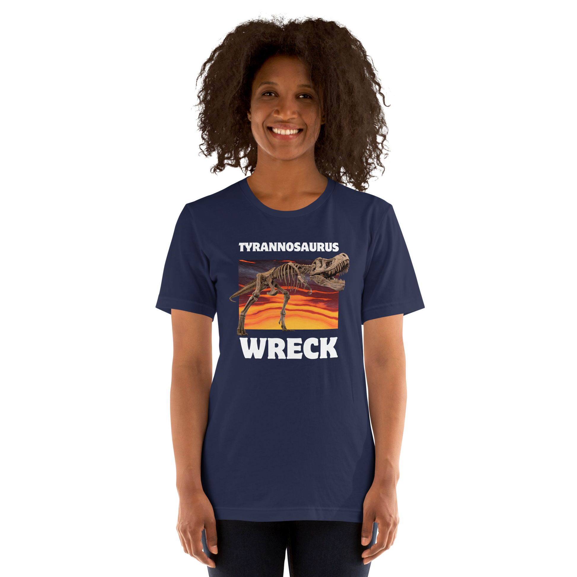 Woman wearing a Funny Tyrannosaurus Wreck T-Rex Dinosaur lightweight graphic t-shirt in navy by Boozy Fox