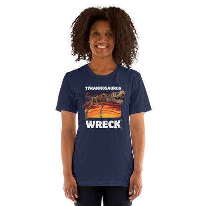 Woman wearing a Funny Tyrannosaurus Wreck T-Rex Dinosaur lightweight graphic t-shirt in navy by Boozy Fox