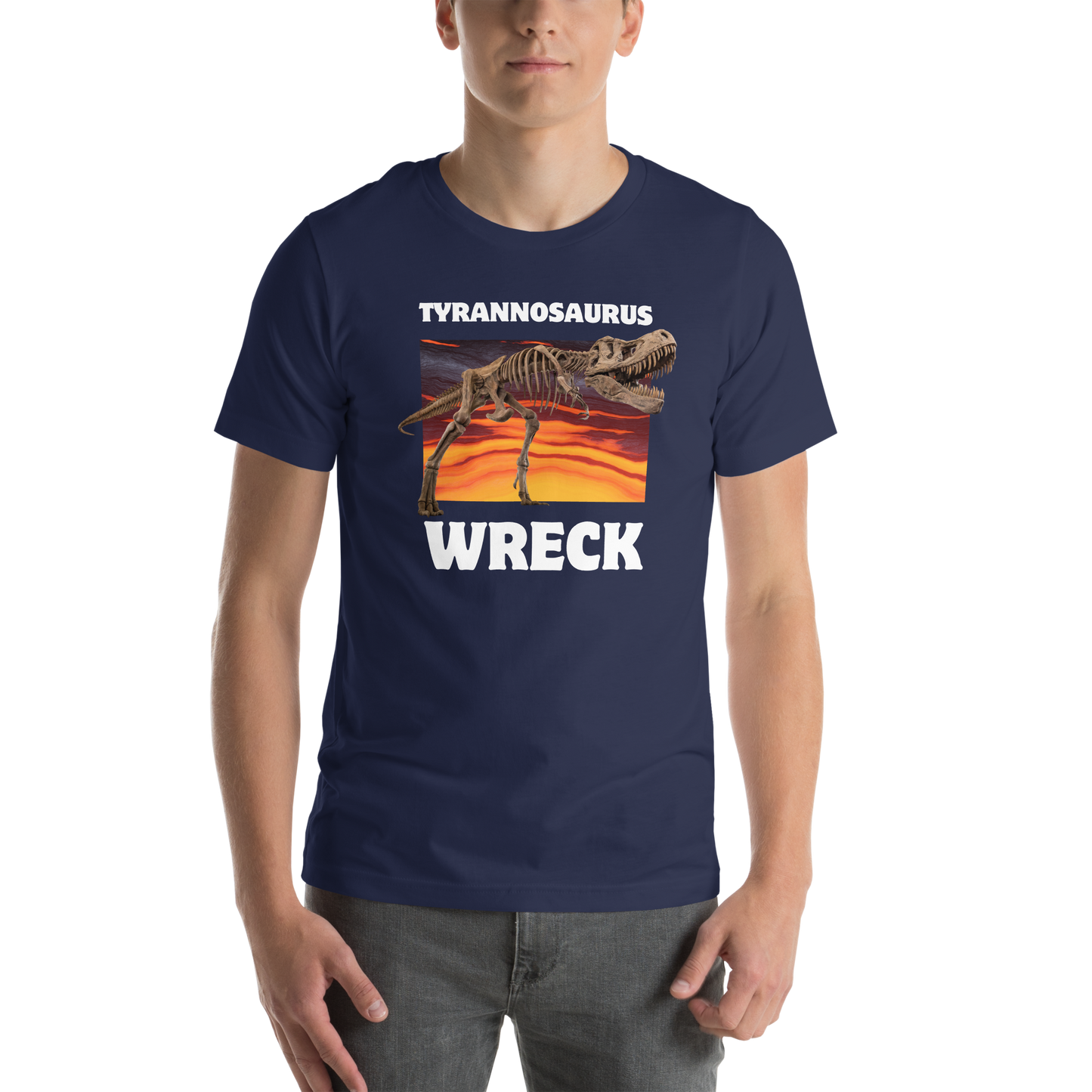 Man wearing a Funny Tyrannosaurus Wreck T-Rex Dinosaur lightweight graphic t-shirt in navy by Boozy Fox