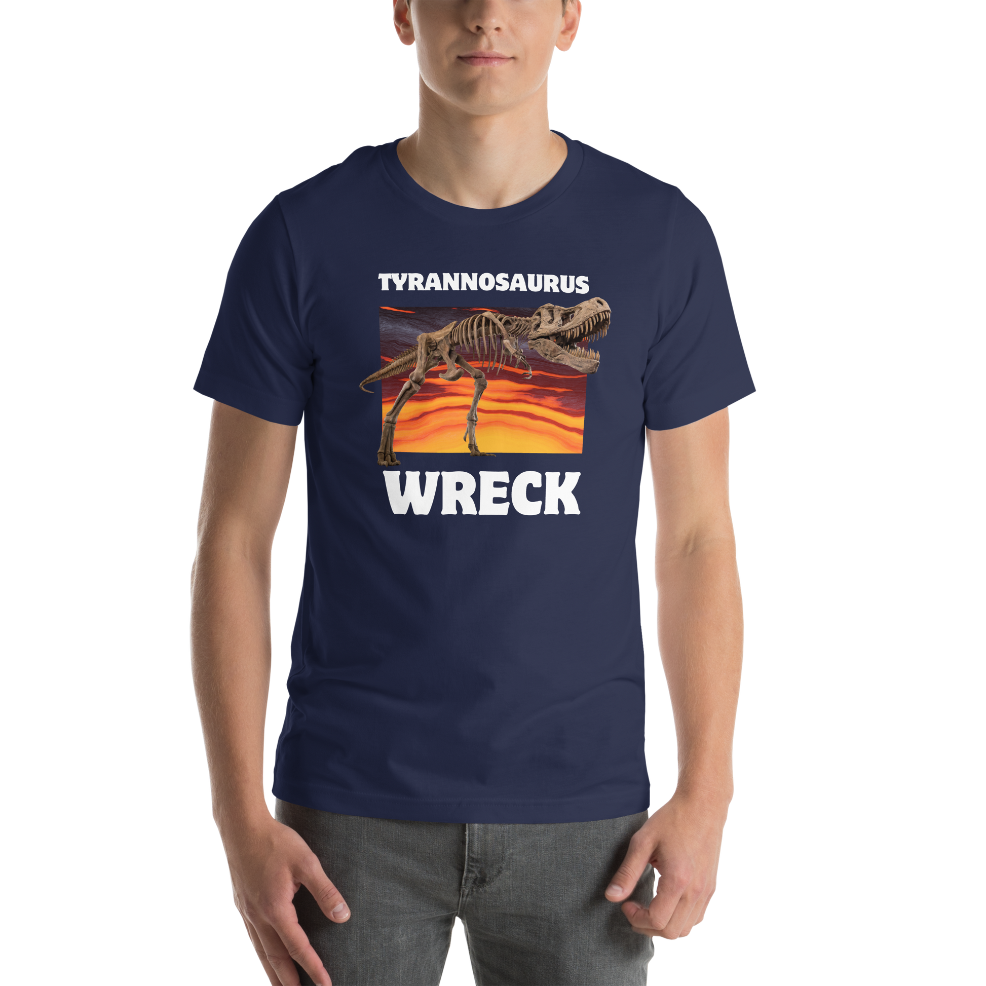 Man wearing a Funny Tyrannosaurus Wreck T-Rex Dinosaur lightweight graphic t-shirt in navy by Boozy Fox