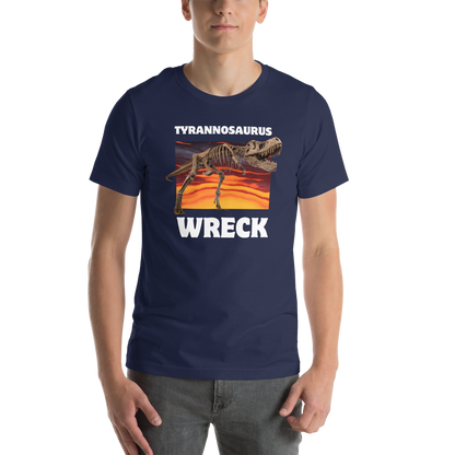 Man wearing a Funny Tyrannosaurus Wreck T-Rex Dinosaur lightweight graphic t-shirt in navy by Boozy Fox
