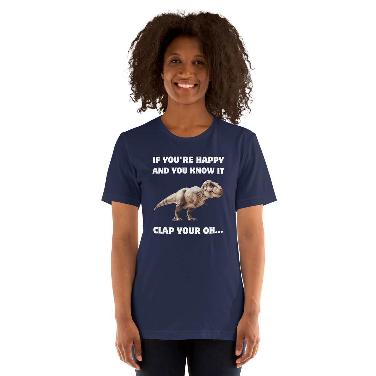 Woman wearing a Funny Tyrannosaurus Rex If You're Happy And You Know It Clap Your Oh... Dinosaur lightweight graphic t-shirt in navy by Boozy Fox