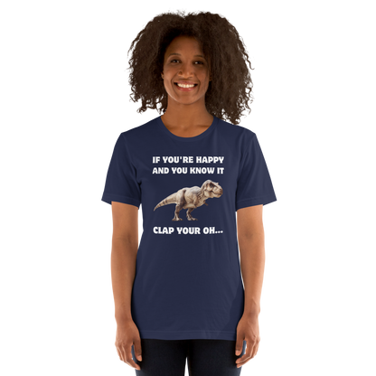 Woman wearing a Funny Tyrannosaurus Rex If You're Happy And You Know It Clap Your Oh... Dinosaur lightweight graphic t-shirt in navy by Boozy Fox