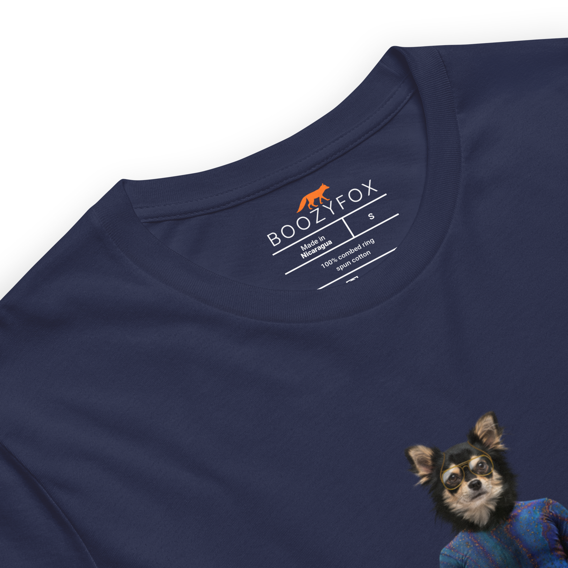 Product details of a Navy Premium Dog T-Shirt featuring an Anthropomorphic Dog graphic on the chest - Funny Graphic Dog Tees - Boozy Fox