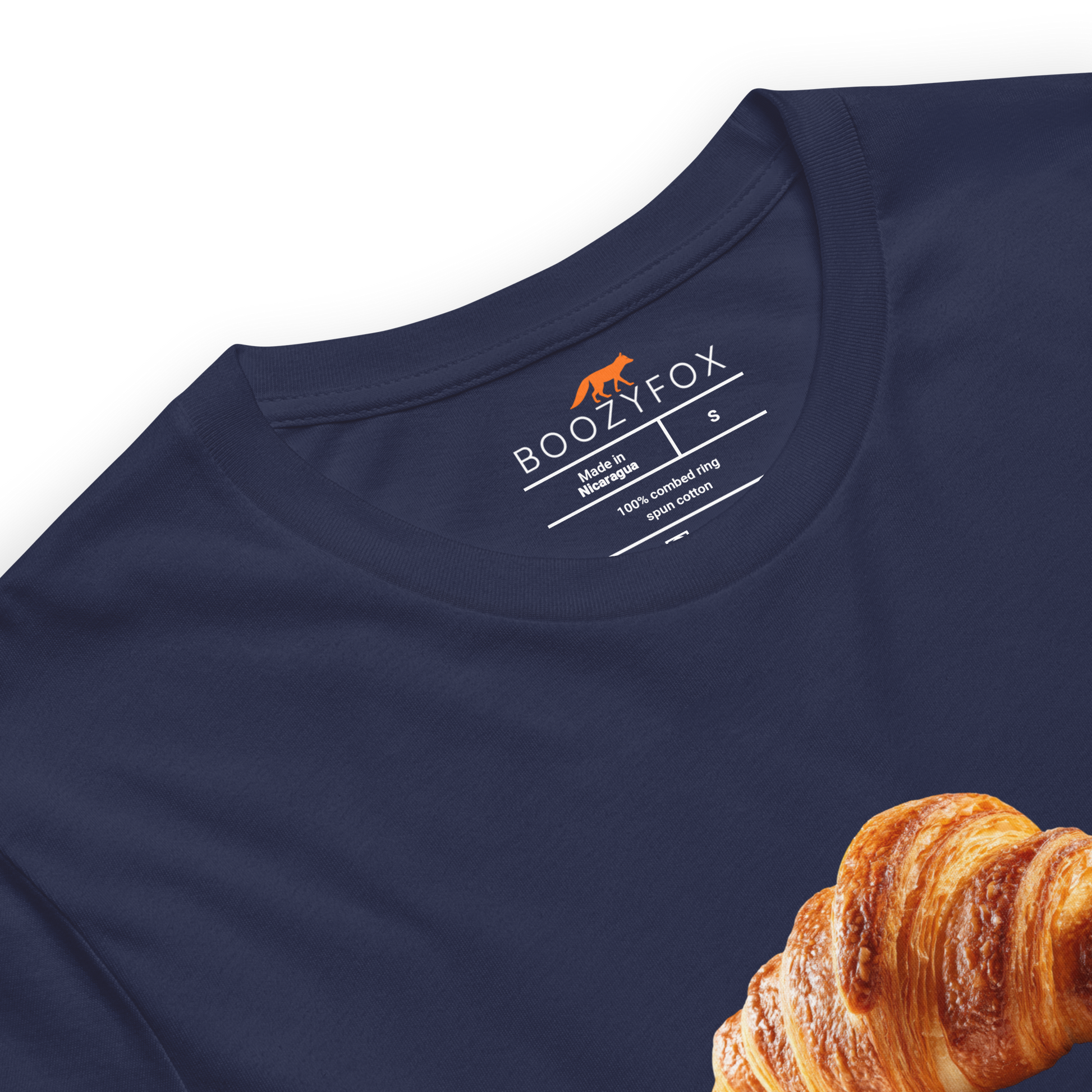 Product details of a Funny Le Croissant lightweight graphic tee in navy by Boozy Fox