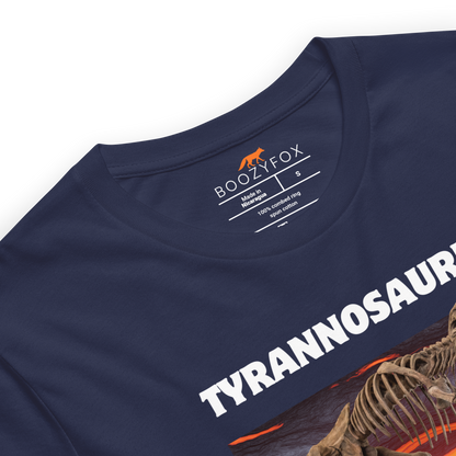 Product details of a Funny Tyrannosaurus Wreck T-Rex Dinosaur lightweight graphic t-shirt in navy by Boozy Fox