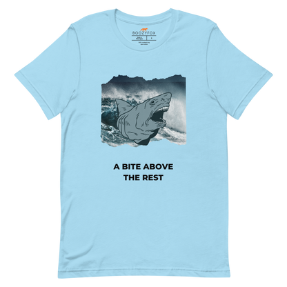 Ocean Blue Premium Megalodon Tee featuring A Bite Above the Rest graphic on the chest - Funny Graphic Megalodon Tees - Boozy Fox
