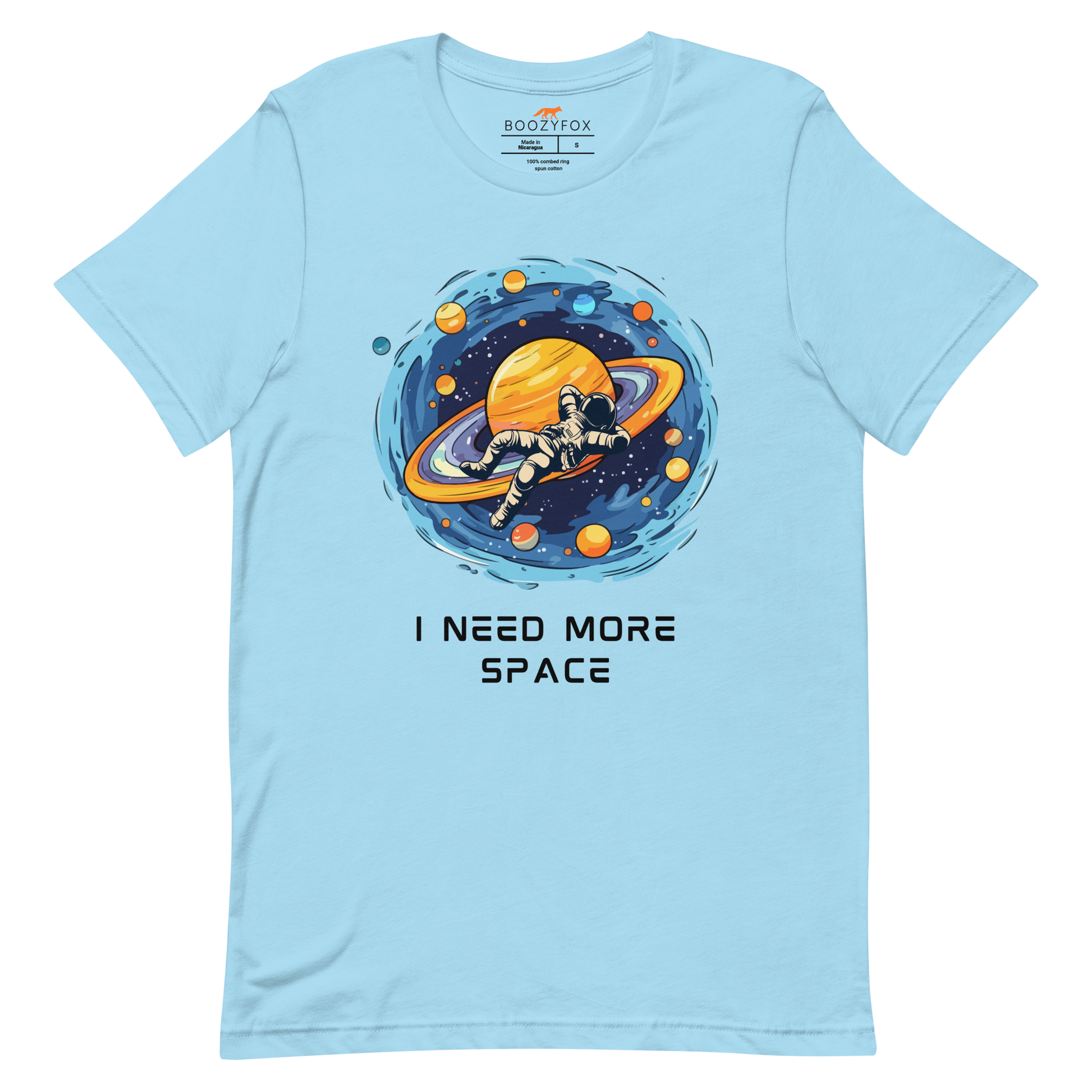 Ocean Blue Premium Astronaut Tee featuring a captivating I Need More Space graphic on the chest - Funny Graphic Space Tees - Boozy Fox