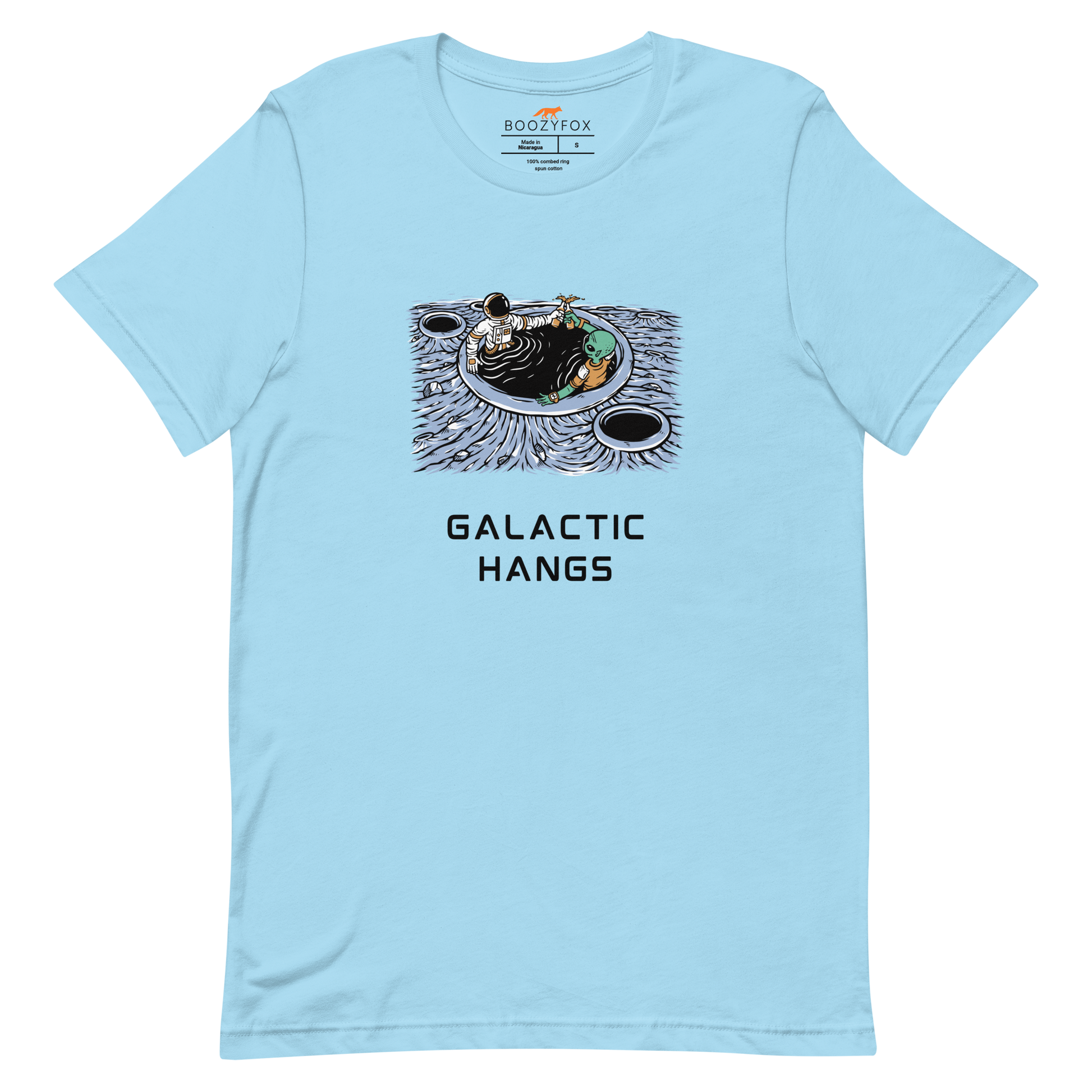 Ocean Blue Premium Galactic Hangs Tee featuring an out-of-this-world graphic of an Astronaut and Alien Chilling Together - Funny Graphic Space Tees - Boozy Fox