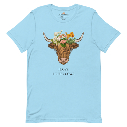 Ocean Blue Premium Highland Cow Tee featuring an adorable I Love Fluffy Cows graphic on the chest - Cute Graphic Highland Cow Tees - Boozy Fox