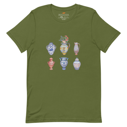 Olive Green Premium Vase Tee featuring a chic vase graphic on the chest - Artsy Graphic Vase Tees - Boozy Fox