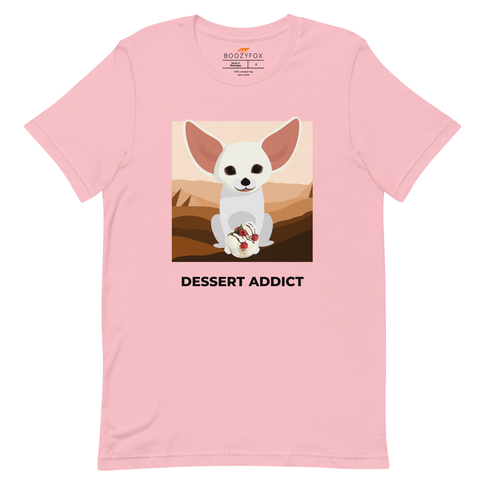 Pink Premium Fennec Fox T-Shirt featuring an adorable Dessert Addict graphic on the chest - Cute Graphic Fennec Fox Tees - Boozy Fox