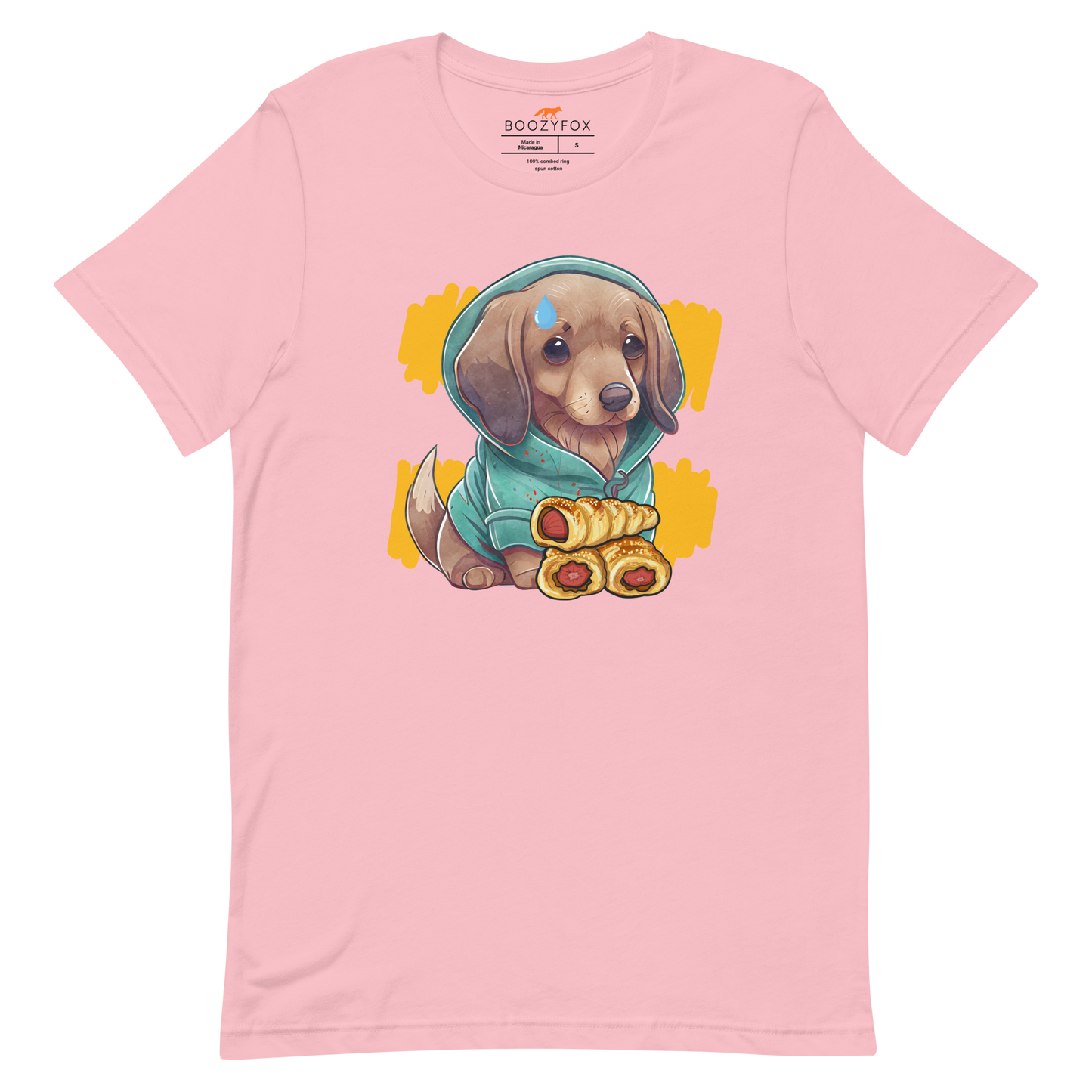 Pink Premium Sausage Dog T-Shirt featuring an adorable sausage roll dachshund graphic on the chest - Cute Graphic Dachshund  Tees - Boozy Fox