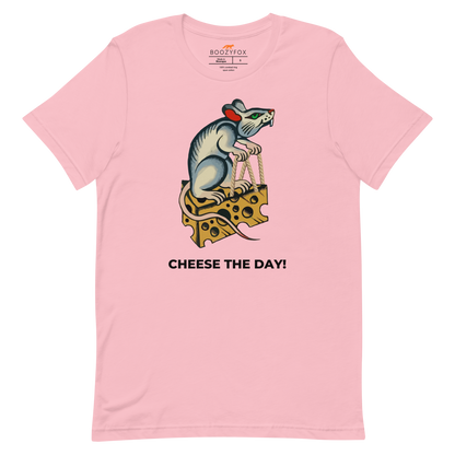 Pink Premium Rat T-Shirt featuring a hilarious Cheese The Day graphic on the chest - Funny Graphic Rat Tees - Boozy Fox
