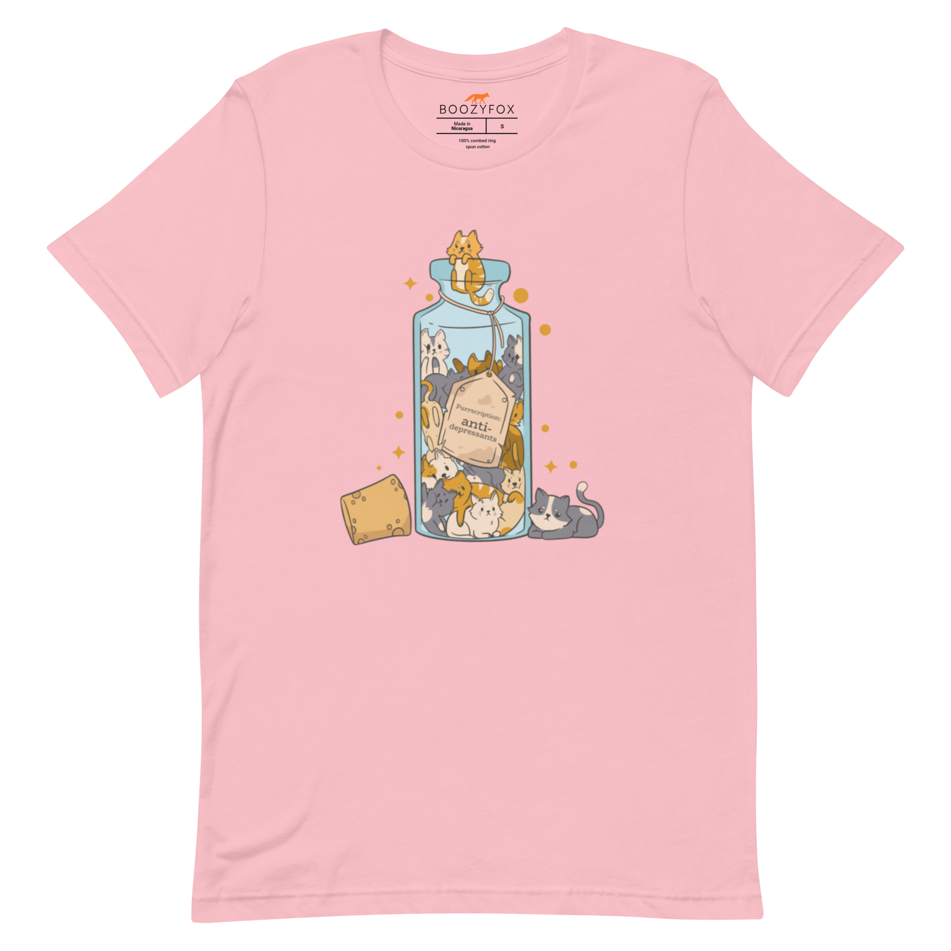 Pink Premium Cat T-Shirt featuring a funny Anti-Depressants graphic on the chest - Cute Graphic Cat Tees - Boozy Fox