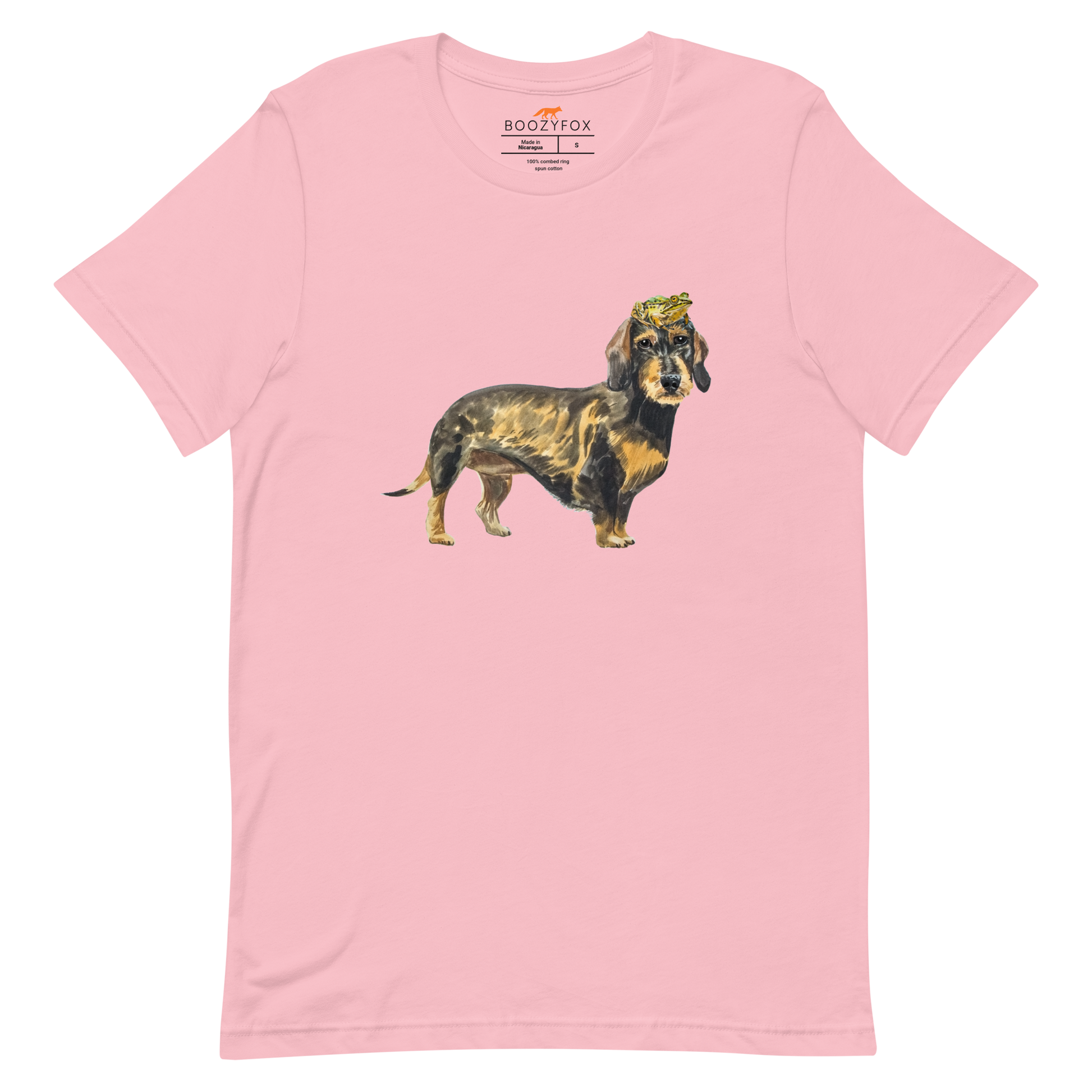 Pink Premium Dachshund T-Shirt featuring an adorable Frog on a Dachshund's Head graphic on the chest - Cute Graphic Dachshund Tees - Boozy Fox