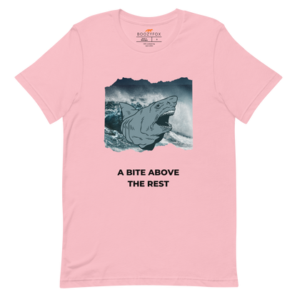 Pink Premium Megalodon Tee featuring A Bite Above the Rest graphic on the chest - Funny Graphic Megalodon Tees - Boozy Fox