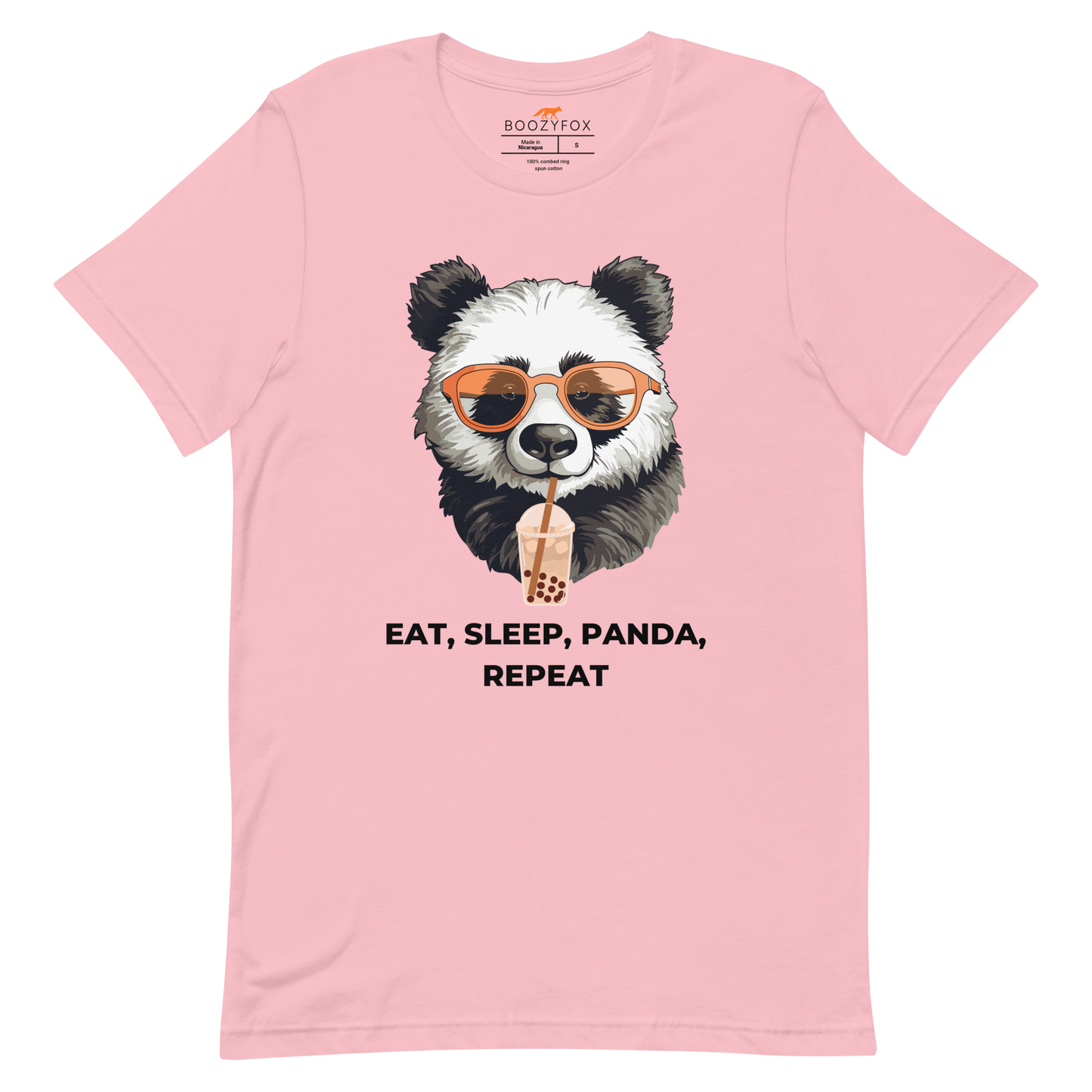 Pink Premium Panda Tee featuring an adorable Eat, Sleep, Panda, Repeat graphic on the chest - Funny Graphic Panda Tees - Boozy Fox